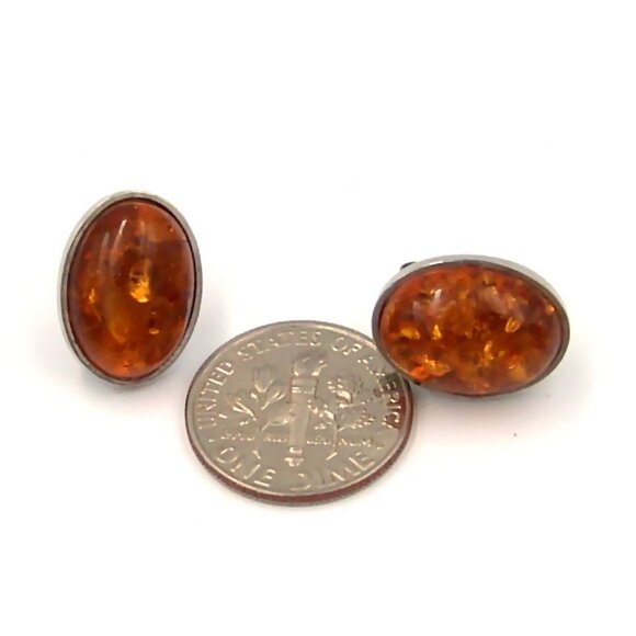 Cognac Amber Stud Earrings Surgical Steel Hypoallergenic Bezel Set Sensitive Ear - Picture 6 of 6
